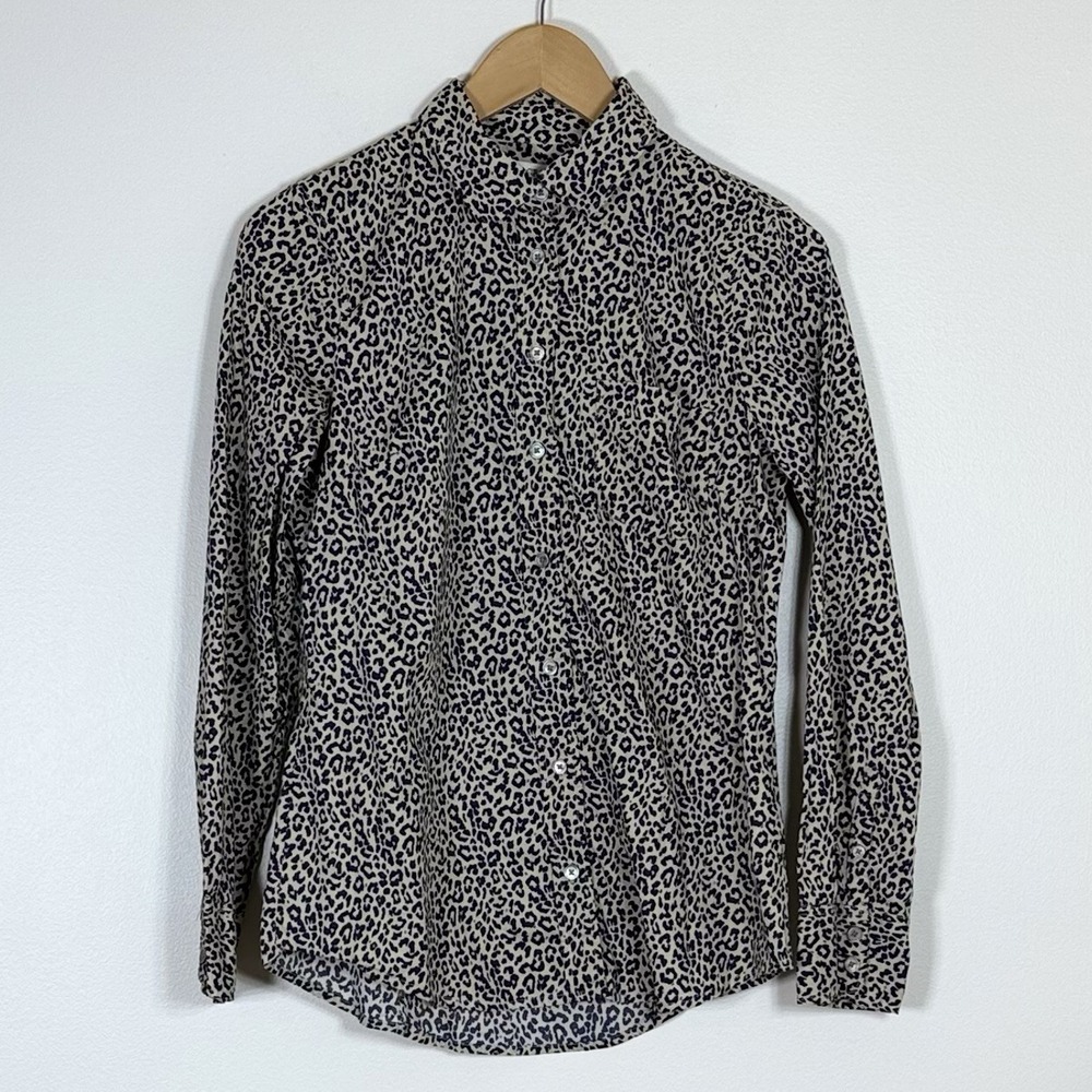 J Crew Women Button Up Top S Navy Tan Leopard Cotton Long Sleeve Preppy Office